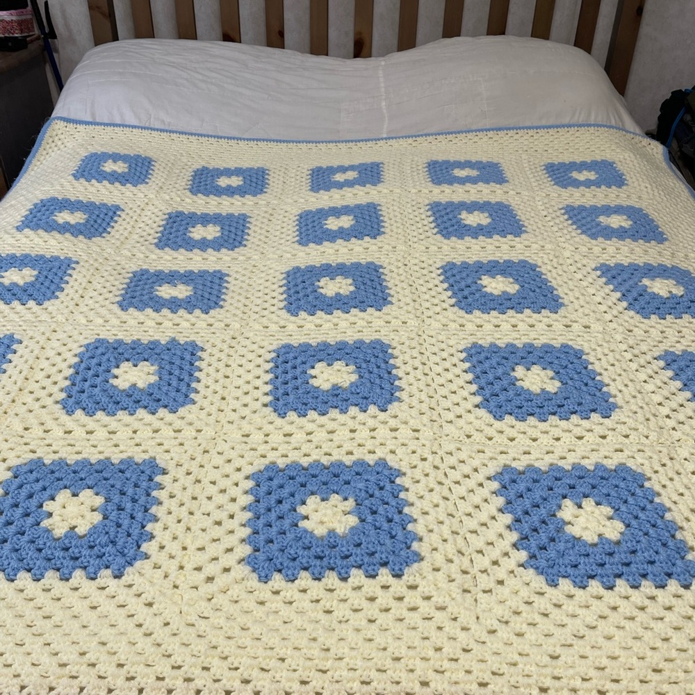 Handmade Blue and Cream Crochet Blanket. Cottage core, farmhouse style.